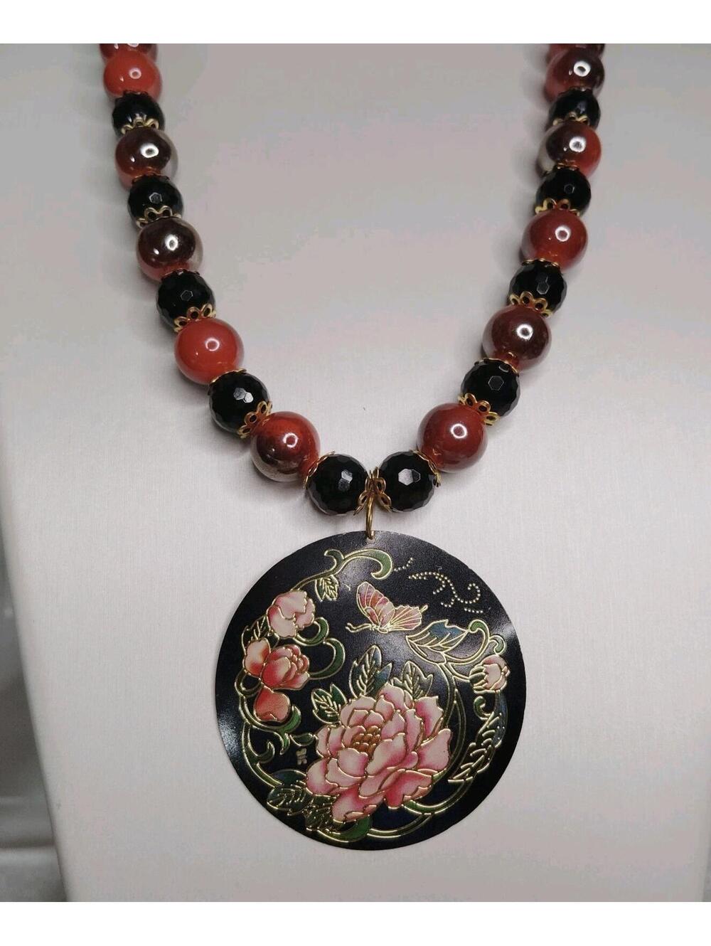 Iridescent & Faceted Glass Beaded Necklace W/ Cloisonné Enamel Pendant